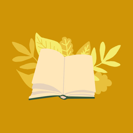 book and leaves hand drawn in trending color 2021. scandinavian hygge. cozy home. library, learning, reading, copy space, place for textのイラスト素材