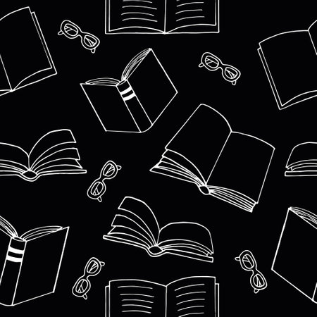 books and glasses seamless pattern. hand drawn doodle style. vector, minimalism, monochrome, sketch. wallpaper, textile, wrapping paper, background reading education bookstore scienceのイラスト素材
