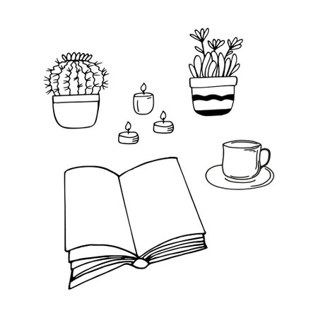 book is open, candle, tea, flower, cup, a cactus in a pot. reading concept. sketch hand drawn doodle style. vector, minimalism, monochrome. hobbies learning cozy homeのイラスト素材