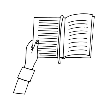 The book is in the hand. reading concept. Illustration in doodle style.のイラスト素材