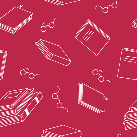 books and glasses seamless pattern hand drawn in doodle style. vector, minimalism, sketch. wallpaper, textile, wrapping paper, background reading education bookstore scienceのイラスト素材