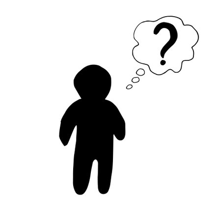 man silhouette and question mark in cloud icon, sticker. sketch hand drawn doodle. vector monochrome minimalism. management, business, task, problem, workのイラスト素材