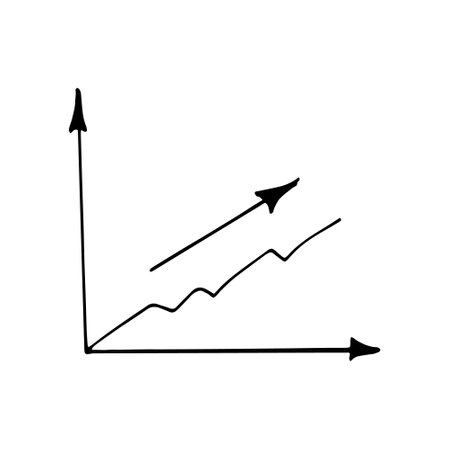 growth graph and up arrow icon, infographics, sticker, poster. sketch hand drawn doodle style. vector minimalism monochrome. business, goal, report, successのイラスト素材