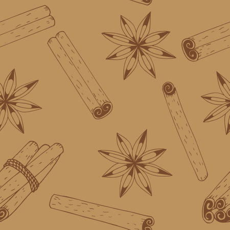 cinnamon seamless pattern hand drawn doodle, vector. line art, nordic, scandinavian, minimalism, monochrome. wallpaper, textiles print wrapping paper backgroundのイラスト素材