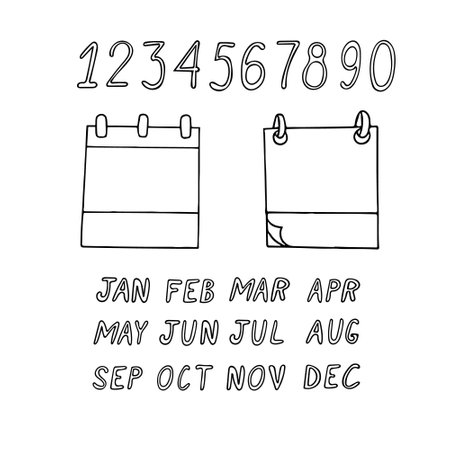 Leaflets, numbers, month names. Hand drawn set in doodle style. constructor. calendar design elements for every day of the yearのイラスト素材