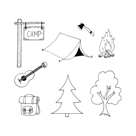 camp icon. hand drawn doodle. vector, scandinavian, nordic, minimalism monochrome hiking backpackのイラスト素材