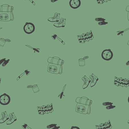 camp seamless pattern hand drawn doodle. vector, scandinavian, minimalism. hike, canned food, backpack. wallpaper, textile, background, wrapping paperのイラスト素材