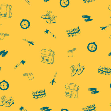 camp seamless pattern. hand drawn doodle. vector, scandinavian, trendy colors 2022, minimalism. hike canned food backpack. textile background wrapping paperのイラスト素材