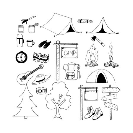 camp icon. hand drawn doodle. vector, scandinavian, nordic, minimalism, monochrome. hike bonfire tent canned food backpackのイラスト素材