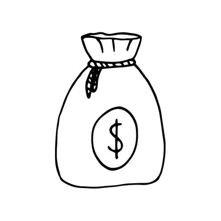 bag with money icon. money hand drawn in doodle style. vector, line art, nordic, scandinavian, minimalism, monochrome. icon, sticker. banking economics business financeのイラスト素材