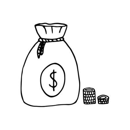 money bag and coins - banking concept. money hand drawn in doodle style. vector, line art, nordic, scandinavian, minimalism, monochrome. icon, sticker. bank, economics business financeのイラスト素材