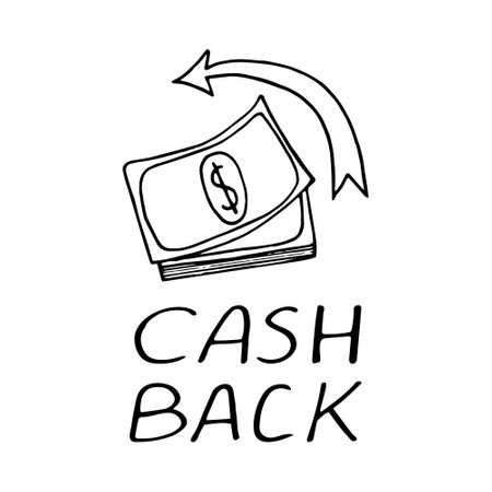 cashback concept - money, arrow and text. hand drawn in doodle style. vector, line art, nordic, scandinavian, minimalism, monochrome. icon sticker card posterのイラスト素材