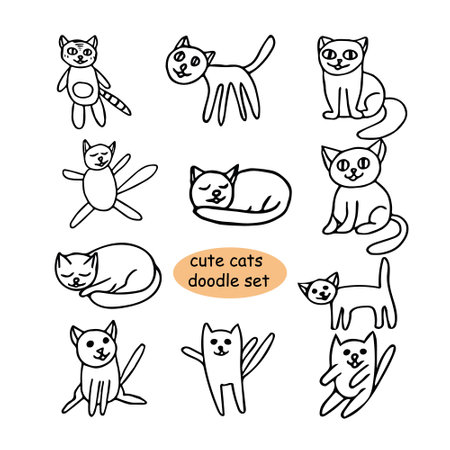 Cute cats hand drawn in doodle style. Set of elements for design card, sticker, poster, icon. funny, animals, pets, kittensのイラスト素材