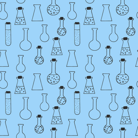 chemical test tubes and flasks seamless pattern hand drawn doodle, vector. line art, nordic, scandinavian, minimalism, monochrome. wallpaper, textiles, print, wrapping paper backgroundのイラスト素材
