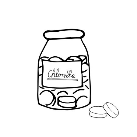 jar bottle and pills chlorella hand drawn in doodle style. single element for design super food, algae, pharmacy, medicineのイラスト素材