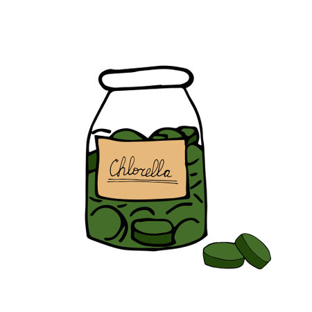 jar bottle and pills chlorella hand drawn in doodle style. single element for design super food, algae, pharmacy, medicineのイラスト素材