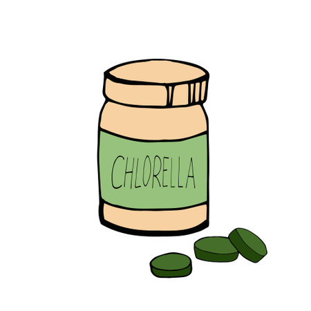 jar bottle and pills chlorella hand drawn in doodle style. single element for design super food, algae, pharmacy, medicineのイラスト素材