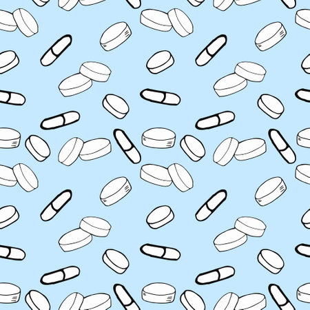 pills and capsules seamless pattern background, wallpaper, paper. sketch hand drawn doodle. vector minimalism. medicine, health, treatment, vitamins drugsのイラスト素材