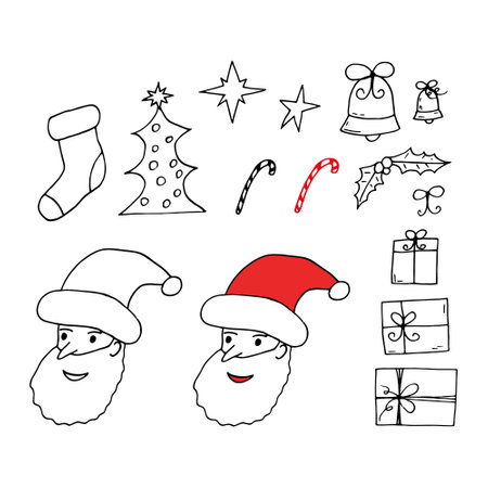 christmas set elements. santa claus, gift, bell, tree, star, sock, holly, candy cane, bow. stickers and holiday decor hand drawn in doodle styleのイラスト素材