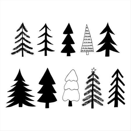 christmas tree set hand drawn in doodle style. silhouette, simple, minimalism, monochrome, scandinavian. sticker, icon new year decorのイラスト素材