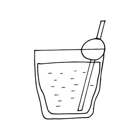 cocktail with cherry, straw icon. hand drawn doodle style. vector, minimalism, monochrome. refreshing drink, summer, lemonade bar menu cafeのイラスト素材