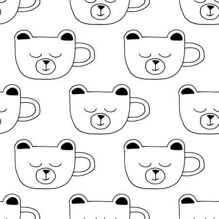 cup in the form of a face of a bear seamless pattern hand drawn doodle. vector, minimalism. wrapping paper, textiles, background. hot drink, cocoa, coffee, tea, sticker, icon, menu, cute printのイラスト素材