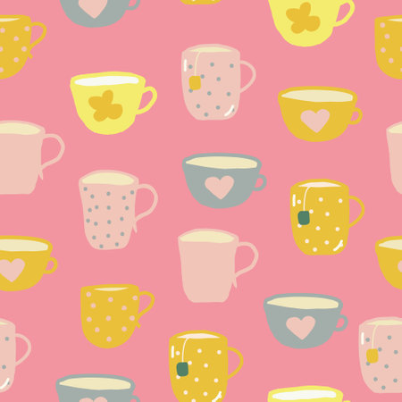 cups seamless pattern. hand drawn doodle. vector, cartoon, minimalism. trending colors 2021. wallpaper, wrapping, textiles, banner kitchen tea coffee drinks tablecloth cafeのイラスト素材