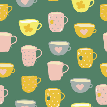 cups seamless pattern. hand drawn doodle. vector, cartoon, minimalism. trending colors 2021. wallpaper, wrapping, textiles, banner kitchen tea coffee drinks tablecloth cafeのイラスト素材