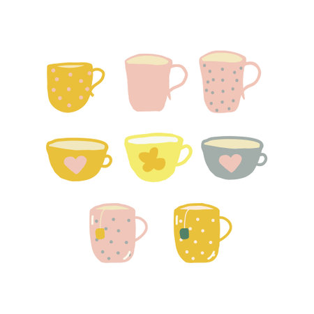 tea cup icon set. hand drawn in trending color 2021. scandinavian hygge. cozy homeのイラスト素材