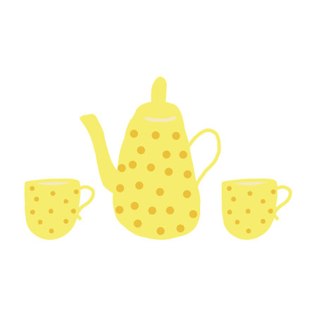 teapot and cups hand drawn in trending color 2021. scandinavian hygge. cozy homeのイラスト素材