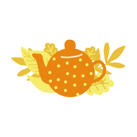 teapot and leaves hand drawn in trending color 2021. scandinavian hygge. cozy home. card templateのイラスト素材