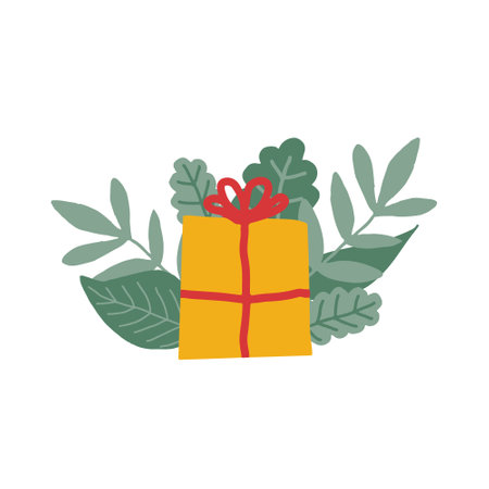 gift box and leaves hand drawn in trending color 2021. scandinavian hyggeのイラスト素材
