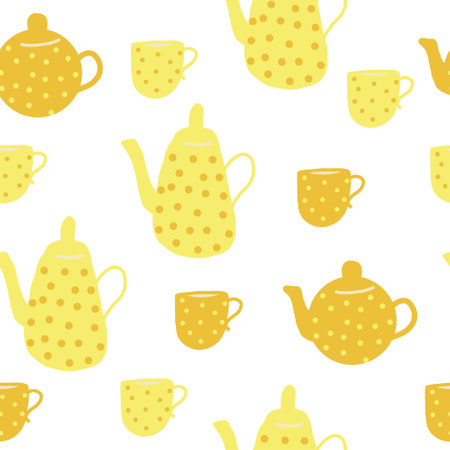 teapot and cups seamless pattern. hand drawn doodle. vector, cartoon, minimalism. trending colors 2021. wallpaper, wrapping, textiles, banner kitchen tea coffee drinks tablecloth cafeのイラスト素材