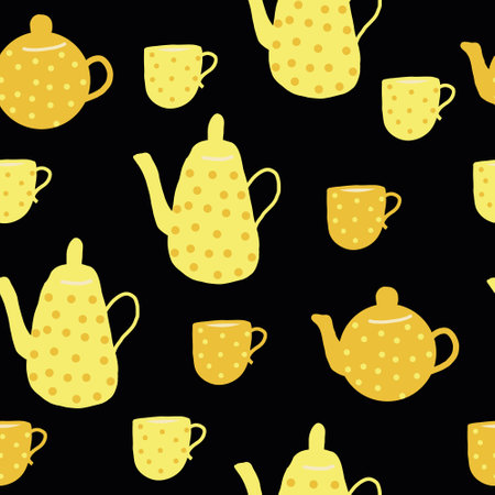 teapot and cups seamless pattern. hand drawn doodle. vector, cartoon, minimalism. trending colors 2021. wallpaper, wrapping, textiles, banner kitchen tea coffee drinks tablecloth cafeのイラスト素材