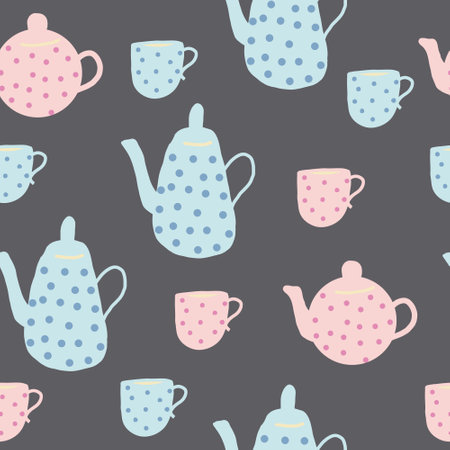 teapot and cups seamless pattern. hand drawn doodle. vector, cartoon, minimalism. trendy colors 2022. wallpaper, wrapping, textiles, banner kitchen tea coffee drinks tablecloth cafeのイラスト素材