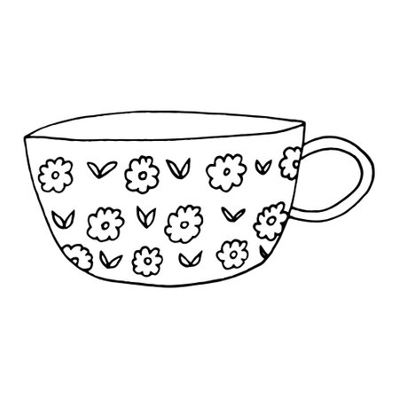 cup with flowers and leaves hand drawn in doodle styleのイラスト素材