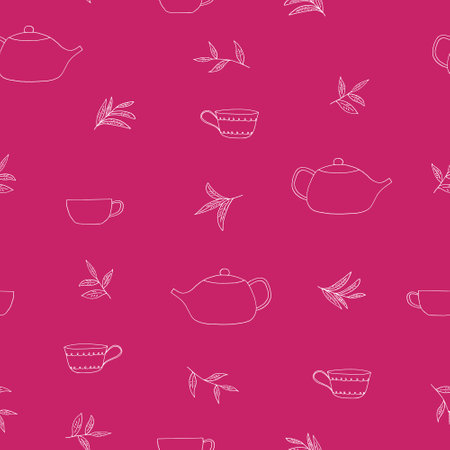 cup, teapot, tea leaves seamless pattern hand drawn in doodle style. hot drink, tea ceremony. textile, wrapping paper, background, wallpaperのイラスト素材