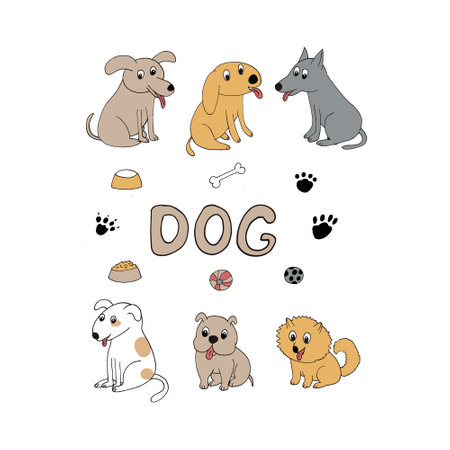 dog icon set. hand drawn doodle. vector, cartoon, minimalism. pet, animal, cute funny bowl food ball footprints paws letteringのイラスト素材