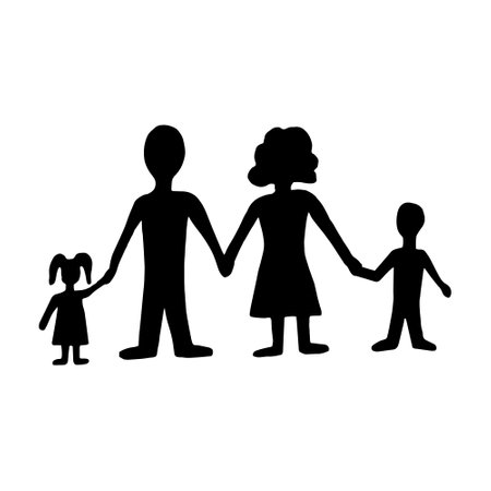 family silhouette on white background. hand drawn vector illustration. minimalism. icon, sticker. mom dad son daughterのイラスト素材
