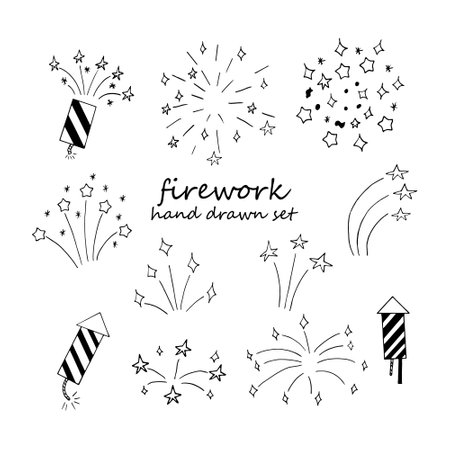 fireworks set hand drawn doodle. vector, minimalism, monochrome. icon, sticker. celebration new year independence day birthdayのイラスト素材