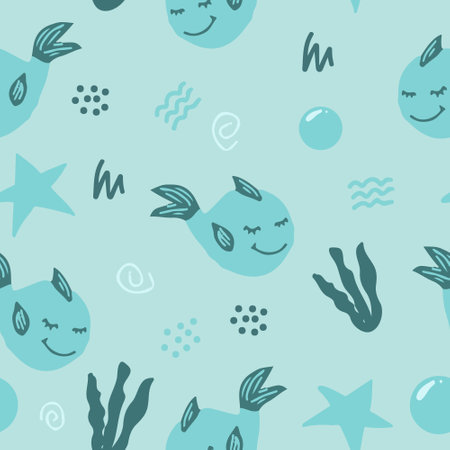 cute fish whale vector seamless pattern with seaweed, stars, doodles. hand drawn. illustration for childrens wallpaper, wrapping paper, textiles. blue, green. marine animal, seaのイラスト素材