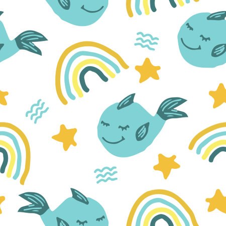 cute fish whale vector seamless pattern with rainbow, stars, waves. hand drawn. illustration for childrens wallpaper, wrapping paper, textiles. blue, gold. marine animal, sea, dreamsのイラスト素材