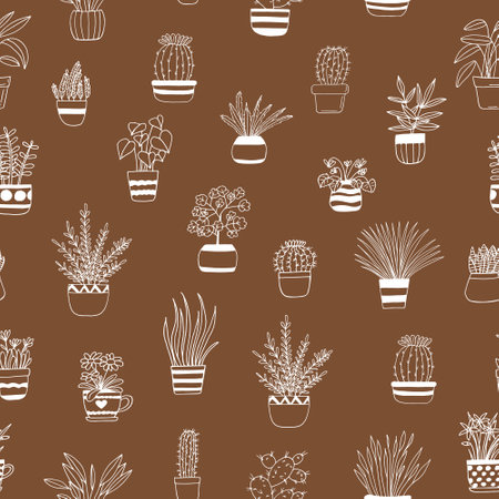 houseplants in pots seamless pattern hand drawn. vector, plants, flowers, minimalism, scandinavian. trendy colors 2022. wallpaper background textiles wrapping paper cactusのイラスト素材