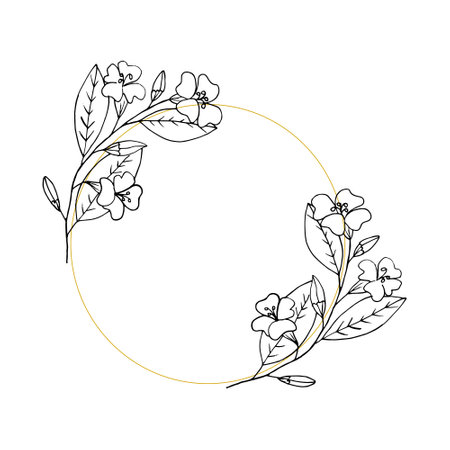 flowers round frame, border, card with place for text. sketch hand drawn doodle style. monochrome minimalism. spring, bloom, flowers, summer, weddingのイラスト素材