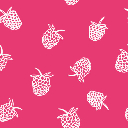 raspberries and blackberries seamless pattern. fruits hand drawn in doodle style. berries in simple line artのイラスト素材