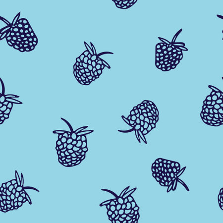 raspberries and blackberries seamless pattern. fruits hand drawn in doodle style. berries in simple line artのイラスト素材