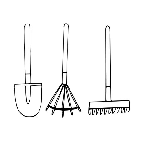 rake and shovel set hand drawn doodle. vector, minimalism, scandinavian, monochrome, nordic. collection of garden tools. sticker iconのイラスト素材