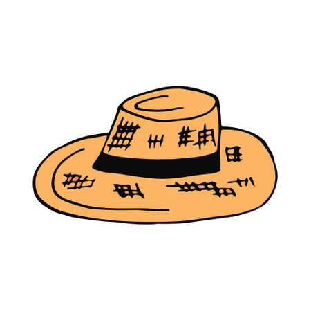 straw hat hand drawn in doodle style. vector, minimalism, scandinavian, cartoon. headdress, clothing sticker iconのイラスト素材