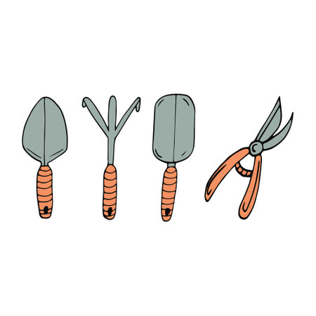 rake, pruner and shovel set hand drawn in doodle style. vector, minimalism, scandinavian, cartoon. collection of garden tools. sticker iconのイラスト素材