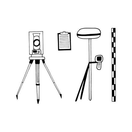 tacheometer, technical level, Total station, leveling staff, tablet, set hand drawn doodle. vector, minimalism, scandinavian, monochrome, nordic, sketch icon sticker geodesy cartography measurement construction surveyのイラスト素材